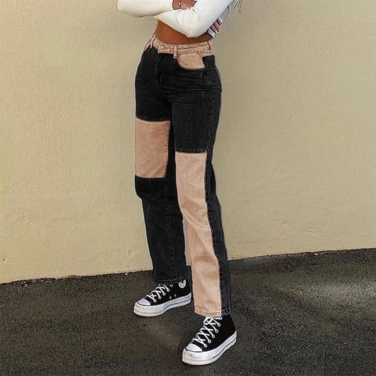 Pantalones Rectos Cintura Alta Slim con Combinación de Colores para Mujer - Image 3