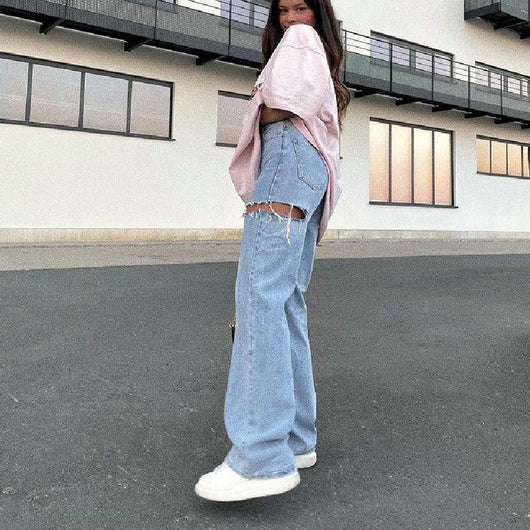 Pantalones Vaqueros Rectos Rotos Efecto Desgastado para Mujer - Image 12