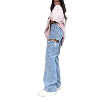 Pantalones Vaqueros Rectos Rotos Efecto Desgastado para Mujer - Image 10