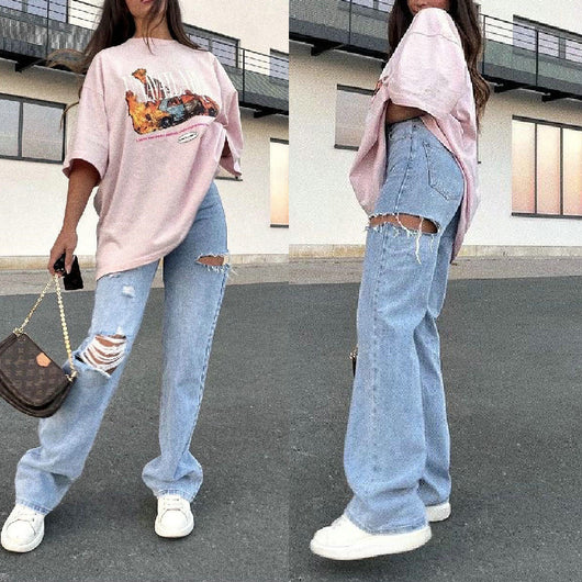 Pantalones Vaqueros Rectos Rotos Efecto Desgastado para Mujer - Image 11