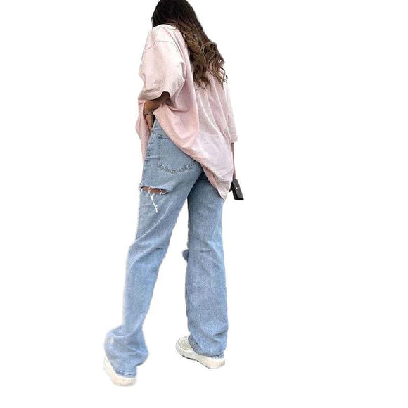 Pantalones Vaqueros Rectos Rotos Efecto Desgastado para Mujer