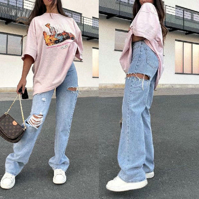 Pantalones Vaqueros Rectos Rotos Efecto Desgastado para Mujer