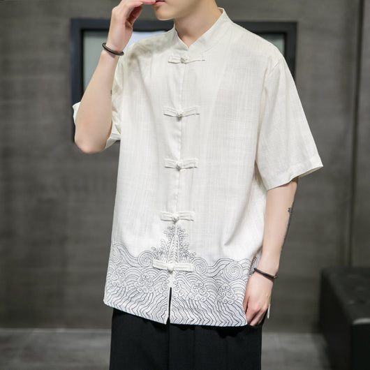 Camisa Lino Estilo Chino Manga Tres Cuartos para Hombre - Image 8