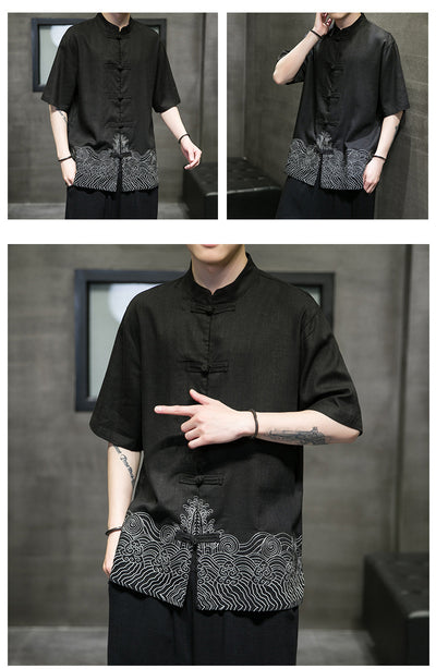 Camisa Lino Estilo Chino Manga Tres Cuartos para Hombre - Image 11