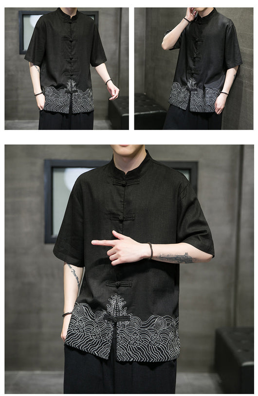 Camisa Lino Estilo Chino Manga Tres Cuartos para Hombre - Image 11