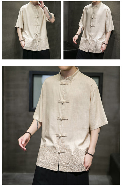 Camisa Lino Estilo Chino Manga Tres Cuartos para Hombre - Image 9