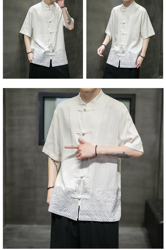 Camisa Lino Estilo Chino Manga Tres Cuartos para Hombre - Image 10