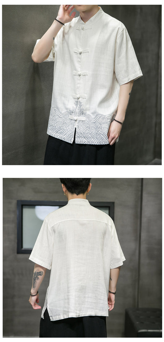 Camisa Lino Estilo Chino Manga Tres Cuartos para Hombre - Image 14