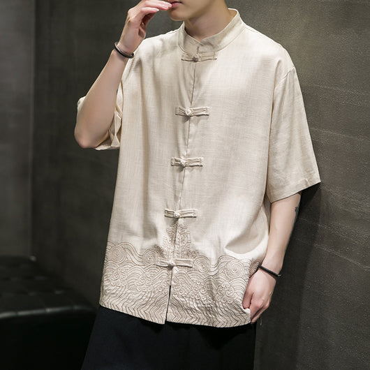 Camisa Lino Estilo Chino Manga Tres Cuartos para Hombre - Image 3