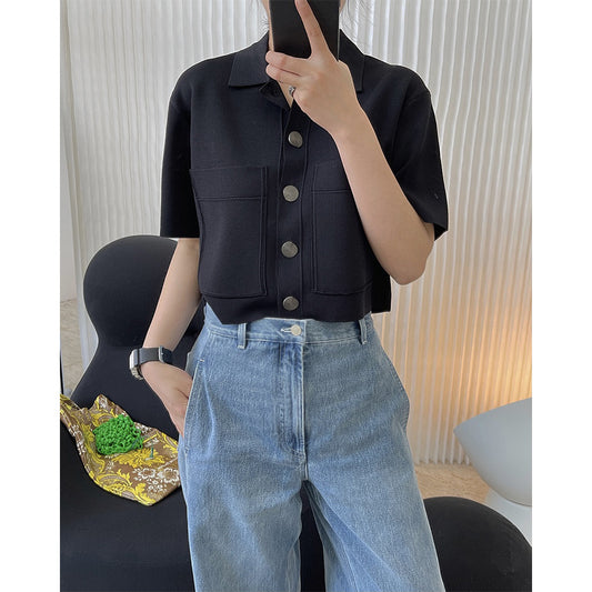 Camisa Fresca de Seda de Hielo con Solapas y Bolsillos Dobles - Corte Holgado para Verano