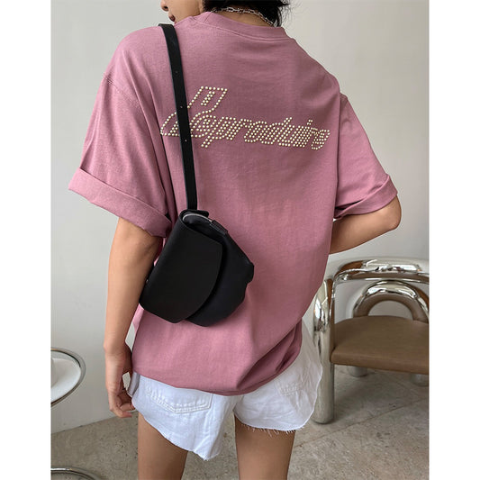 Camiseta Deportiva Casual con Cuello Redondo, Abalorios y Hombros Sueltos