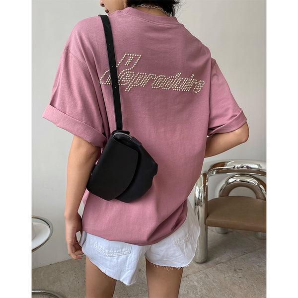 Camiseta Deportiva Casual con Cuello Redondo, Abalorios y Hombros Sueltos