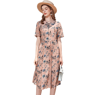 Vestido de Seda Estampado con Cuello Muñeca - Manga Corta para Mujer - Image 11