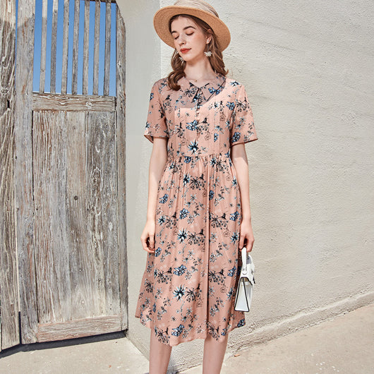 Vestido de Seda Estampado con Cuello Muñeca - Manga Corta para Mujer - Image 8