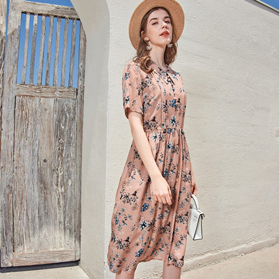 Vestido de Seda Estampado con Cuello Muñeca - Manga Corta para Mujer - Image 2