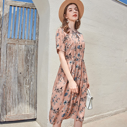 Vestido de Seda Estampado con Cuello Muñeca - Manga Corta para Mujer - Image 2