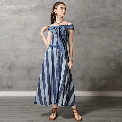 Vestido Denim Rayado con Tirante al Cuello y Falda Amplia - Image 6