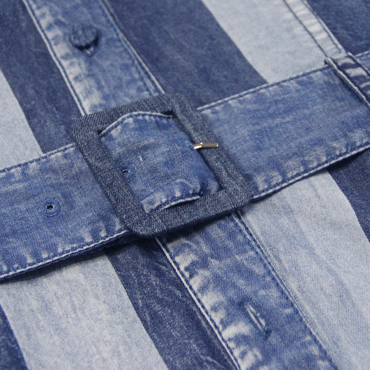 Vestido Denim Rayado con Tirante al Cuello y Falda Amplia - Image 9