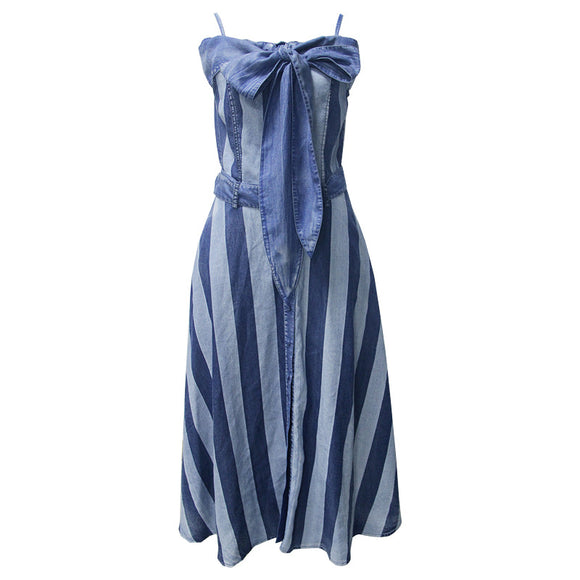 Vestido Denim Rayado con Tirante al Cuello y Falda Amplia