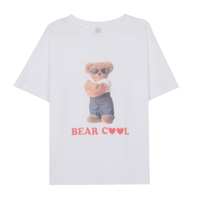 Playera Suelta Estampado Osito Gafas de Sol - Estilo Casual Coreano para Estudiantes