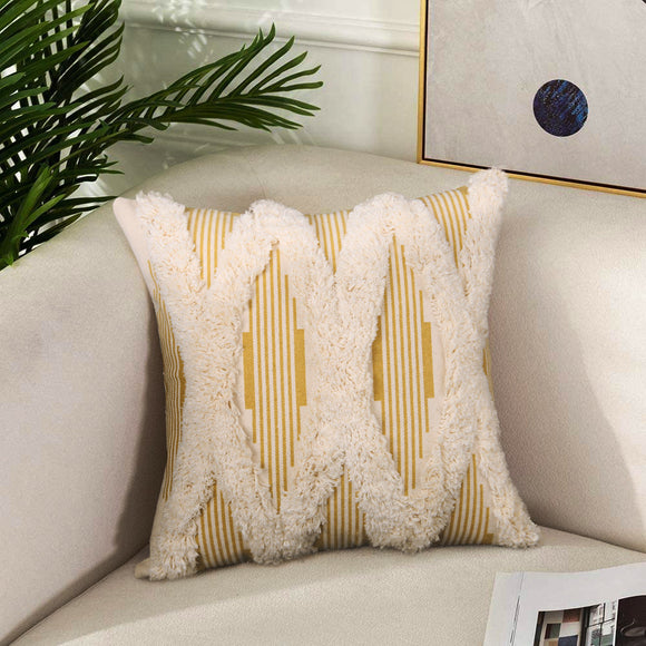 Funda de Cojín Decorativo de Algodón Tejido con Diseño de Rayas Acolchado
