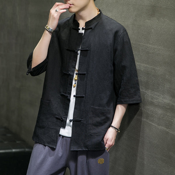 Camisa Hombre Lino Algodón Estilo Chino