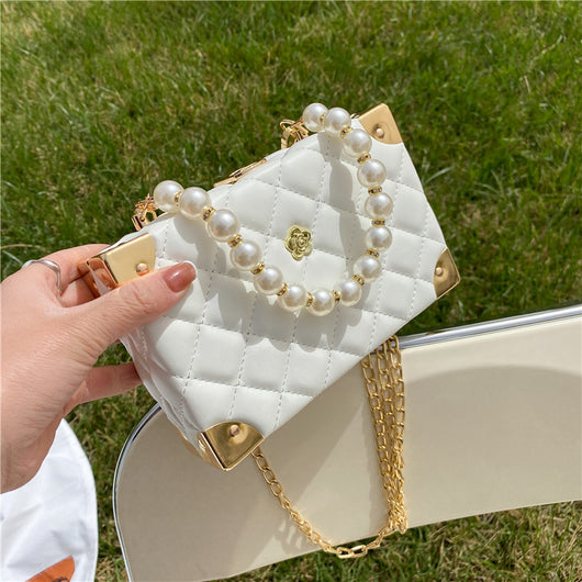 Bolso Bandolera Cuadrado Pequeño con Cadena de Diamantes y Perlas