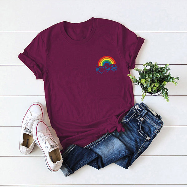 Blusa de Mujer de Algodón Puro con Bolsillo Arcoíris - Camiseta Manga Corta Estilo Europeo