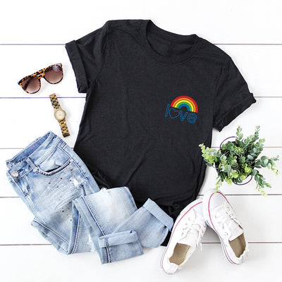 Blusa de Mujer de Algodón Puro con Bolsillo Arcoíris - Camiseta Manga Corta Estilo Europeo - Image 3