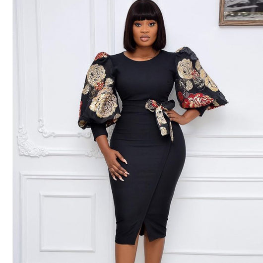 Vestido Estampado Talle Alto Plus Size con Mangas Linterna