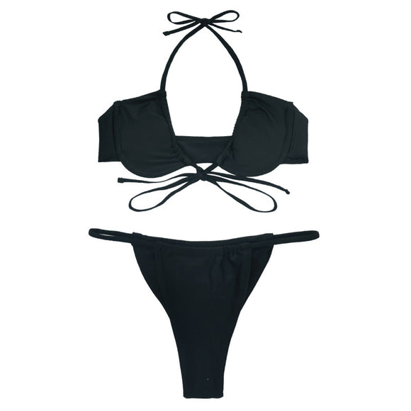 Bikini Deportivo con Espalda Abierta y Detalles en Color Puro