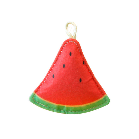 Felt catnip toy shaped like a watermelon slice with red flesh, black seeds, green rind, and a hanging loop. - Image 13