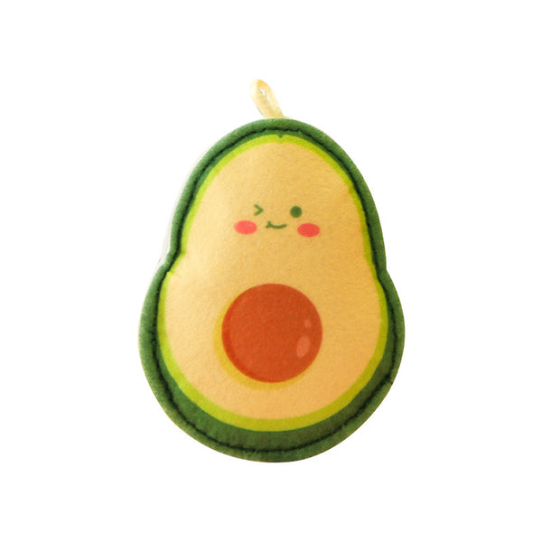Felt catnip toy shaped like a watermelon slice with red flesh, black seeds, green rind, and a hanging loop.