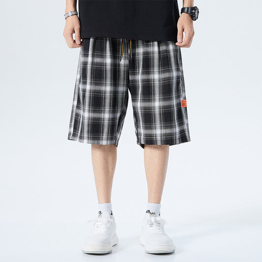 Pantalones Cortos Cuadros Blanco y Negro Hombre Deportivos Sueltos Tendencia