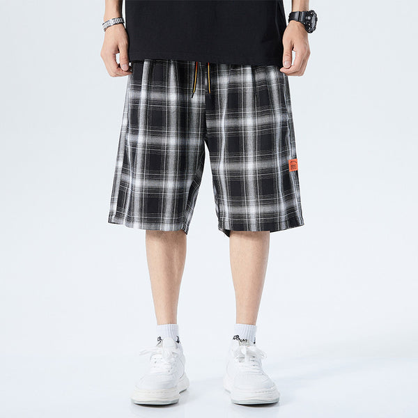 Pantalones Cortos Cuadros Blanco y Negro Hombre Deportivos Sueltos Tendencia