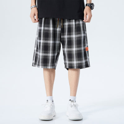 Pantalones Cortos Cuadros Blanco y Negro Hombre Deportivos Sueltos Tendencia