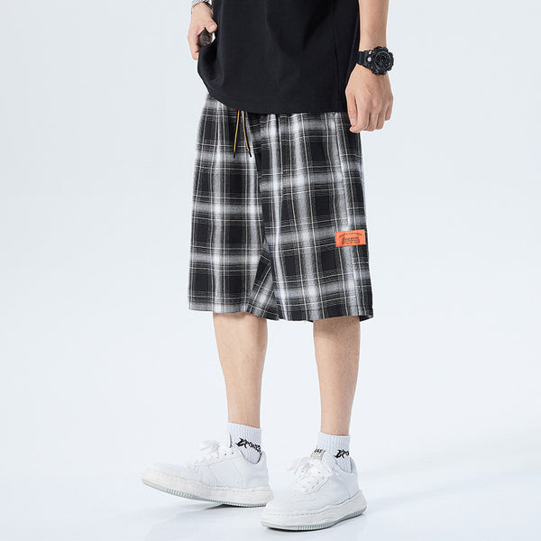 Pantalones Cortos Cuadros Blanco y Negro Hombre Deportivos Sueltos Tendencia