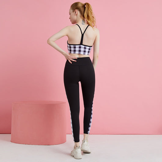 Conjunto Deportivo Yoga Diseño Cuadrícula Negro y Blanco con Mallas Nude - Image 3