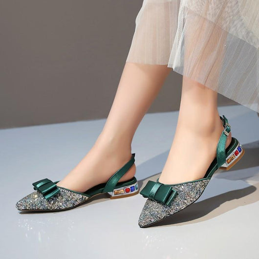 Sandalias Planas con Moño Brillante y Diamantes para Mujer - Talla Pequeña