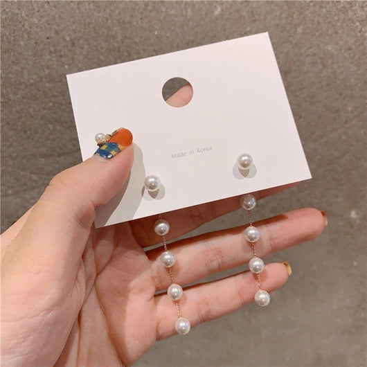 Aretes de Plata con Perlas Largas y Borla de Diseño Minimalista - Image 14