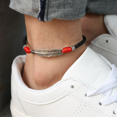 Pulsera de Tobillo de Tela con Diseño de Pluma - Unisex Negro - Image 6