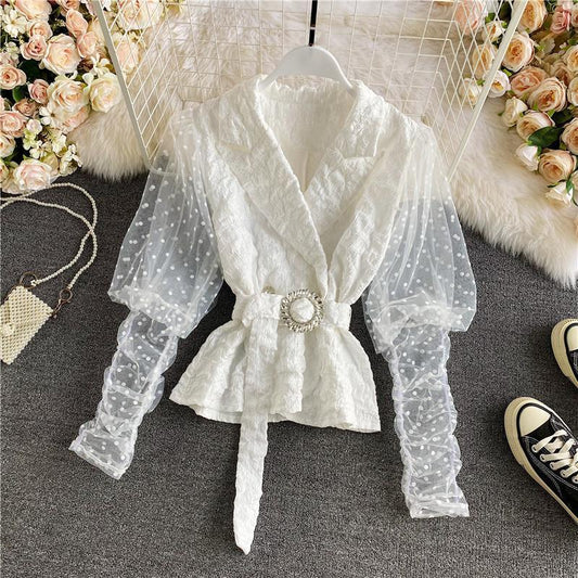 Blusa Corta con Mangas Largas y Textura Bubble