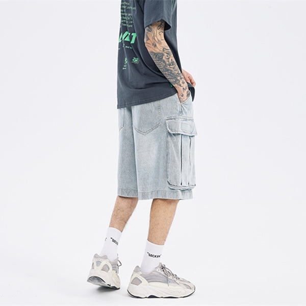 Shorts de Mezclilla Estilo Cargo con Múltiples Bolsillos y Acabado Lavado
