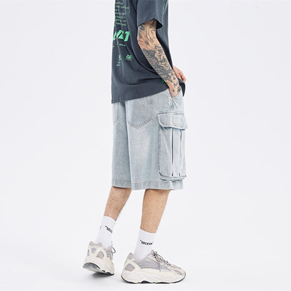 Shorts de Mezclilla Estilo Cargo con Múltiples Bolsillos y Acabado Lavado