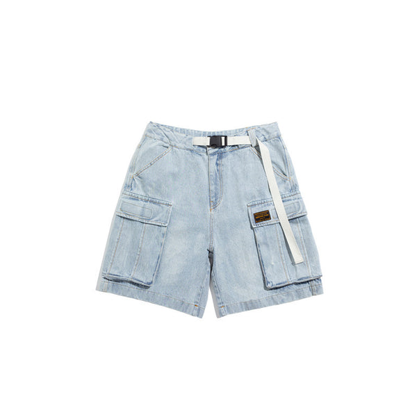 Shorts de Mezclilla Estilo Cargo con Múltiples Bolsillos y Acabado Lavado