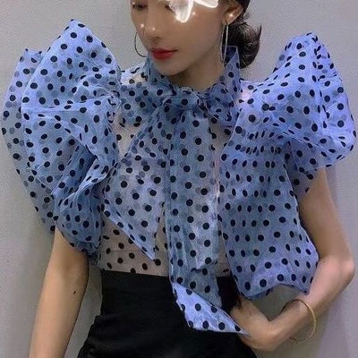 Blusa Coreana con Lunares y Mangas Abullonadas con Volantes - Image 11