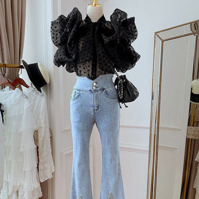 Blusa Coreana con Lunares y Mangas Abullonadas con Volantes - Image 5