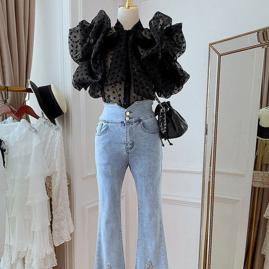 Blusa Coreana con Lunares y Mangas Abullonadas con Volantes - Image 5