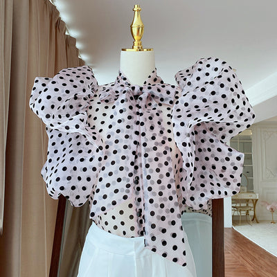 Blusa Coreana con Lunares y Mangas Abullonadas con Volantes - Image 9