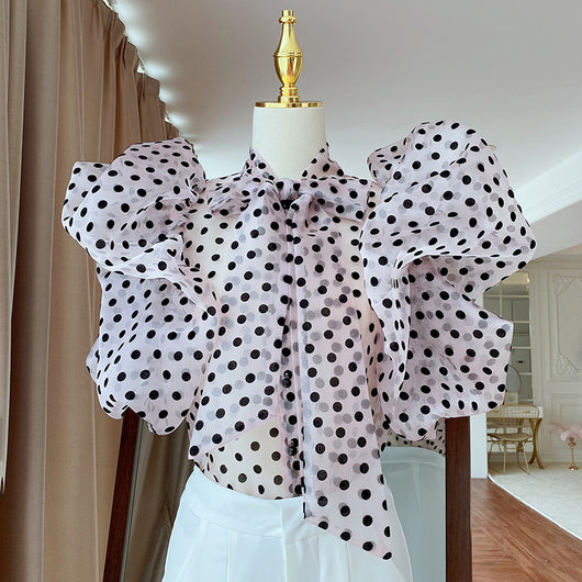 Blusa Coreana con Lunares y Mangas Abullonadas con Volantes - Image 9